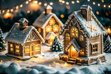 Концепция домашнего празднования Рождества или Нового года 2025, семейные традиции. Пряничные домики с глазурью и атмосферной подсветкой - PhotoJuli
