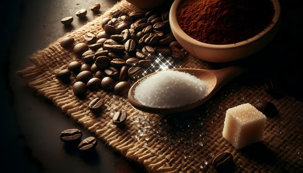 Деревянная ложка, наполненная горкой грубой коричневой кофейной гущи, вид сверху, изображение, созданное с помощью искусственного интеллекта - yuyu