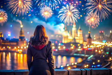 Девочка смотрит на фейерверк в ночном небе над Москвой. С Днем города! Праздничный фейерверк - PhotoJuli