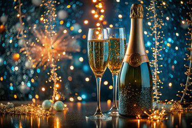 С Новым 2025 годом! Баннер к Рождеству и Новому году. Два бокала и бутылка шампанского, украшенные сверкающими огнями и гирляндами - PhotoJuli