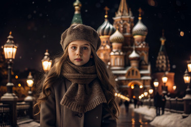 Портрет маленькой девочки в теплой куртке и шапке, идущей по зимним улицам города, крупный план ее лица. Зимний сезон - PhotoJuli
