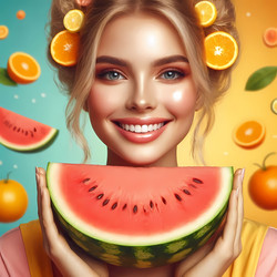Летний портрет на фруктовую тематику, на котором модель держит большой ломтик арбуза, изображение, созданное с помощью искусственного интеллекта - yuyu