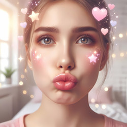 A close‑up of a girl pouting with an animated filter of floating hearts and stars, in a brightly lit room, Ai generated image - yuyu