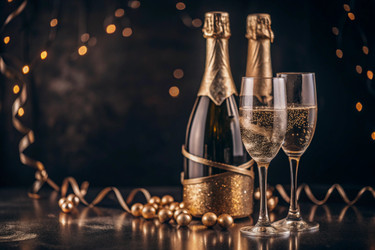 С Новым 2025 годом! Баннер к Рождеству и Новому году. Два бокала и бутылка шампанского, украшенные сверкающими огнями и гирляндами - PhotoJuli