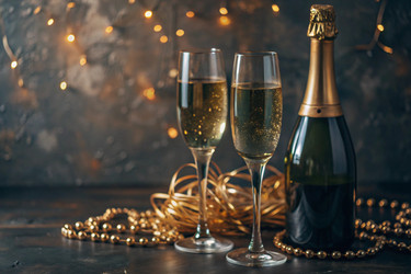 С Новым 2025 годом! Баннер к Рождеству и Новому году. Два бокала и бутылка шампанского, украшенные сверкающими огнями и гирляндами - PhotoJuli