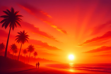 Летняя эстетика заката в стиле Sunset Blaze с яркими оранжево-красными цветами заката, изображение, созданное с помощью искусственного интеллекта - yuyu