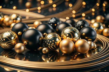 С Новым 2025 годом! Красивый рождественский и новогодний баннер, выполненный из золотых и черных стеклянных шаров в форме рождественской елки с металлическими элементами в виде змеи - PhotoJuli