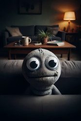 A creepy yet funny close‑up of a sock puppet with giant googly eyes peeking from behind a sofa, Ai generated image - yuyu