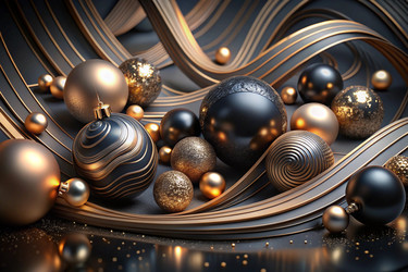 С Новым 2025 годом! Красивый рождественский и новогодний баннер, выполненный из золотых и черных стеклянных шаров в форме рождественской елки с металлическими элементами в виде змеи - PhotoJuli