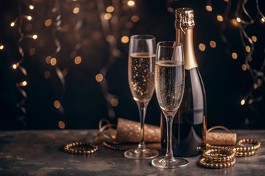 С Новым 2025 годом! Баннер к Рождеству и Новому году. Два бокала и бутылка шампанского, украшенные сверкающими огнями и гирляндами - PhotoJuli