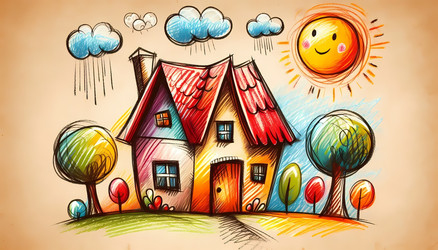 A funny scene drawn with shaky, child‑like lines, featuring a house with a wobbly chimney and a crooked door, Ai generated image - yuyu