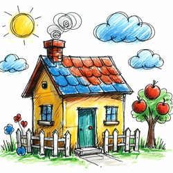 A funny scene drawn with shaky, child‑like lines, featuring a house with a wobbly chimney and a crooked door, Ai generated image - yuyu