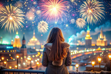 Девочка смотрит на фейерверк в ночном небе над Москвой. С Днем города! Праздничный фейерверк - PhotoJuli
