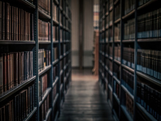 Книжные полки, заполненные томами, в тихом библиотечном коридоре. Генеративный искусственный интеллект - RomanZ