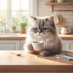 A cat with a grumpy, human‑like expression, holding a tiny coffee cup, sitting on a kitchen counter, Ai generated image - yuyu