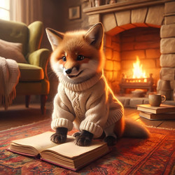 Лиса в слишком большом свитере, спотыкающаяся о книгу на уютном ковре, с испуганным выражением морды. Изображение, созданное искусственным интеллектом - yuyu