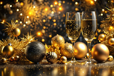 С Новым 2025 годом! Рождественский и новогодний баннер из золотых и черных стеклянных шаров в виде рождественской елки, с бокалами для шампанского и местом для текста - PhotoJuli