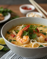 Вкусный суп с креветками, травами и лапшой в тарелке. Генеративный ИИ - RomanZ