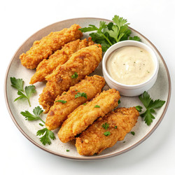 Вкусные куриные наггетсы в пивном кляре, подаются с соусом. Генеративный искусственный интеллект - RomanZ
