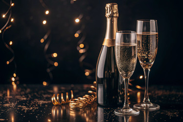 С Новым 2025 годом! Баннер к Рождеству и Новому году. Два бокала и бутылка шампанского, украшенные сверкающими огнями и гирляндами - PhotoJuli
