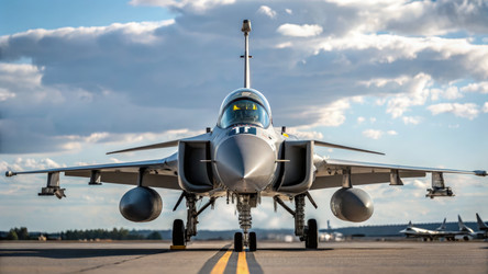 Самолет Saab Jas Gripen на взлетно-посадочной полосе в ясную погоду. Генеративный искусственный интеллект - RomanZ