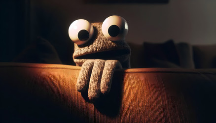 A creepy yet funny close‑up of a sock puppet with giant googly eyes peeking from behind a sofa, Ai generated image - yuyu