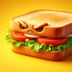 A close‑up of a sandwich with an angry scowl on its face, isolated on a bright background, Ai generated image - yuyu