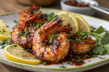 Вкусные креветки барбекю, посыпанные свежей зеленью и цитрусовыми. Генеративный искусственный интеллект - RomanZ