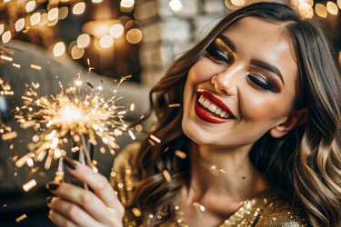 Вечеринка. Счастливая девушка в праздничном платье с бенгальскими огнями, окруженная золотыми конфетти и пайетками. Тема: день рождения и Новый год. Крупный план - PhotoJuli