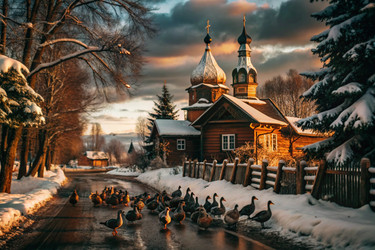 Зимний пейзаж. Небольшая уютная церковь в деревне. Деревья в снегу. Атмосфера покоя и гармонии с природой - PhotoJuli