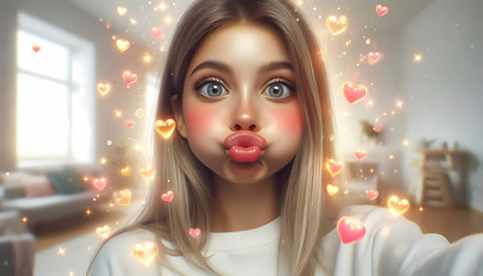 A close‑up of a girl pouting with an animated filter of floating hearts and stars, in a brightly lit room, Ai generated image - yuyu