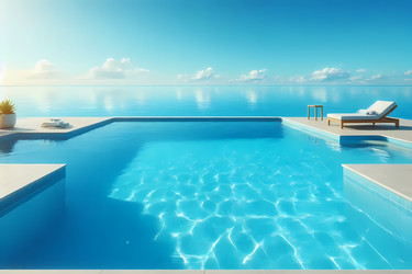 Летняя сцена у бассейна в стиле Poolside Blue со спокойной, прозрачной водой, изображение, созданное с помощью искусственного интеллекта - yuyu