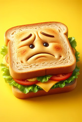 A close‑up of a sandwich with an angry scowl on its face, isolated on a bright background, Ai generated image - yuyu
