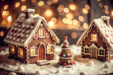Концепция домашнего празднования Рождества или Нового года 2025, семейные традиции. Пряничные домики с глазурью и атмосферной подсветкой - PhotoJuli