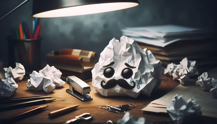 A crumpled piece of paper with a sad face and a stapler with a drawn‑on mustache on a messy desk, Ai generated image - yuyu