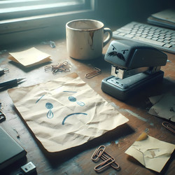 A crumpled piece of paper with a sad face and a stapler with a drawn‑on mustache on a messy desk, Ai generated image - yuyu