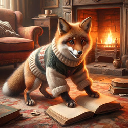Лиса в слишком большом свитере, спотыкающаяся о книгу на уютном ковре, с испуганным выражением морды. Изображение, созданное искусственным интеллектом - yuyu
