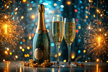 С Новым 2025 годом! Баннер к Рождеству и Новому году. Два бокала и бутылка шампанского, украшенные сверкающими огнями и гирляндами - PhotoJuli