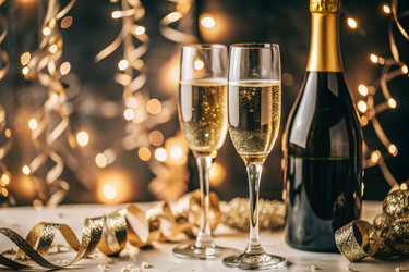 С Новым 2025 годом! Баннер к Рождеству и Новому году. Два бокала и бутылка шампанского, украшенные сверкающими огнями и гирляндами - PhotoJuli