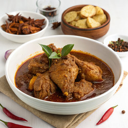 Вкусный ренданг аям, подаваемый со специями и гарнирами. Генеративный искусственный интеллект - RomanZ