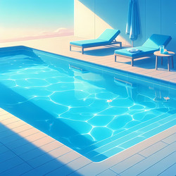Летняя сцена у бассейна в стиле Poolside Blue со спокойной, прозрачной водой, изображение, созданное с помощью искусственного интеллекта - yuyu