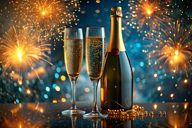 С Новым 2025 годом! Баннер к Рождеству и Новому году. Два бокала и бутылка шампанского, украшенные сверкающими огнями и гирляндами - PhotoJuli