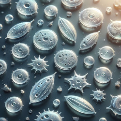 Диатомовые водоросли с кремнеземными панцирями, напоминающими сад стеклянных скульптур, изображение, созданное с помощью искусственного интеллекта - yuyu