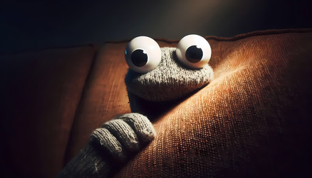A creepy yet funny close‑up of a sock puppet with giant googly eyes peeking from behind a sofa, Ai generated image - yuyu