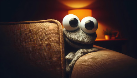A creepy yet funny close‑up of a sock puppet with giant googly eyes peeking from behind a sofa, Ai generated image - yuyu