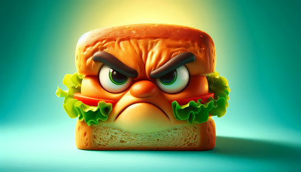 A close‑up of a sandwich with an angry scowl on its face, isolated on a bright background, Ai generated image - yuyu