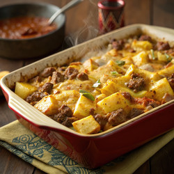 Картофельная запеканка с говядиной и сыром чеддер, парящая на теплом свету. Генеративный ИИ - RomanZ