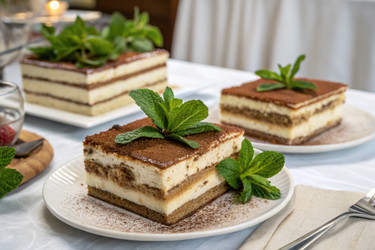 Вкусный слоеный торт с тирамису и мятой в десертной сцене. Создано искусственным интеллектом - RomanZ