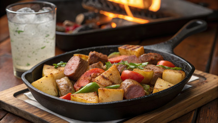Мясо и овощи, приготовленные на гриле и поданные на сковороде, с напитком. Генеративный искусственный интеллект - RomanZ