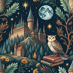 Ночная сцена с замком и совой на книгах - RomanZ